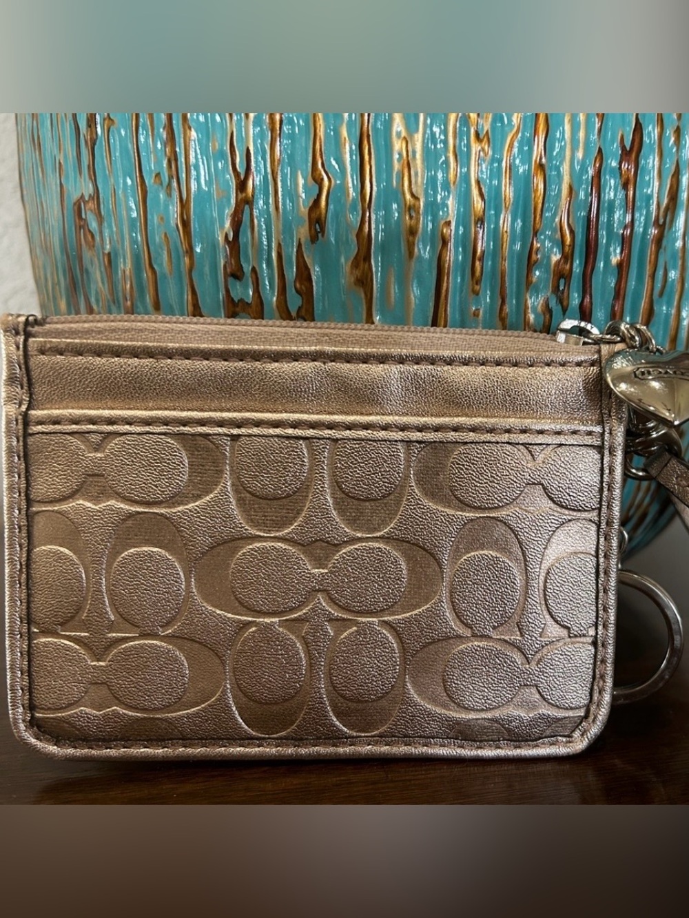 Coach Card Case Keychain Metallic Gold